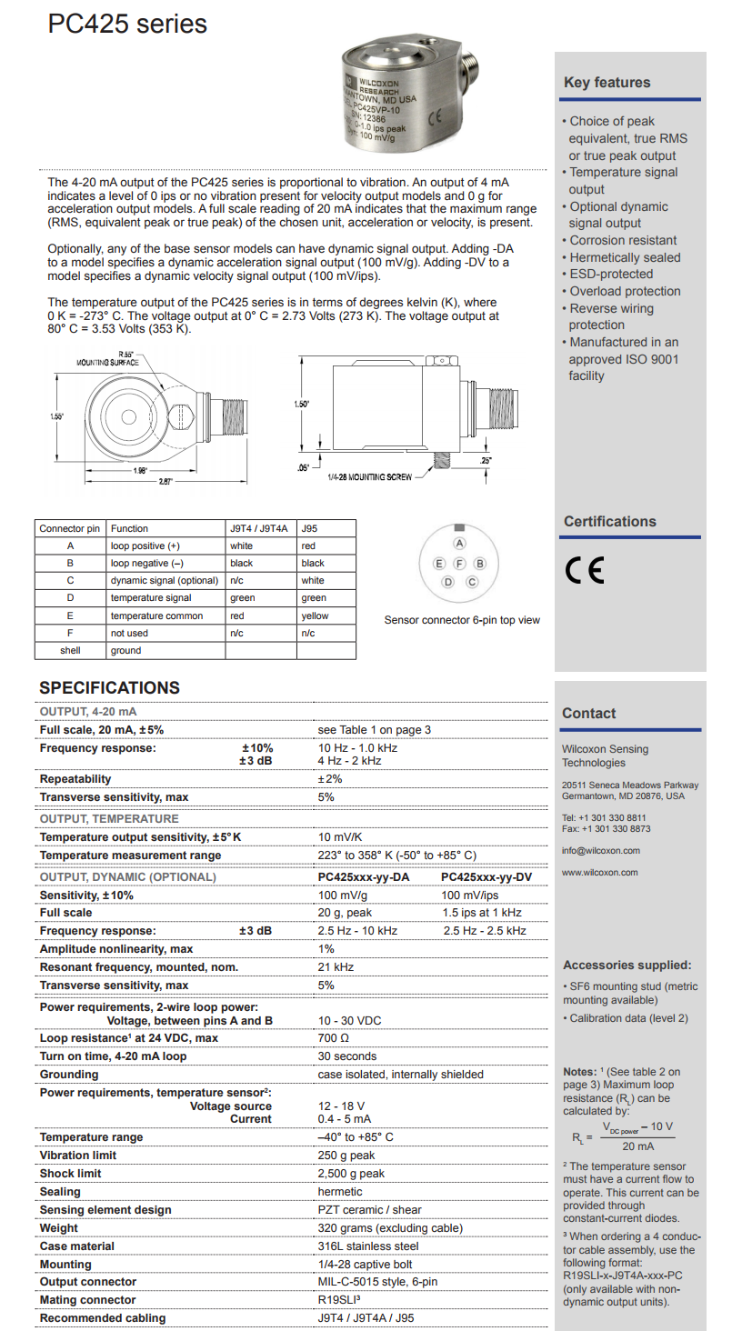 威爾康森4-20mA回路供電的振動傳感器PC425VP-10型技術參數(shù)