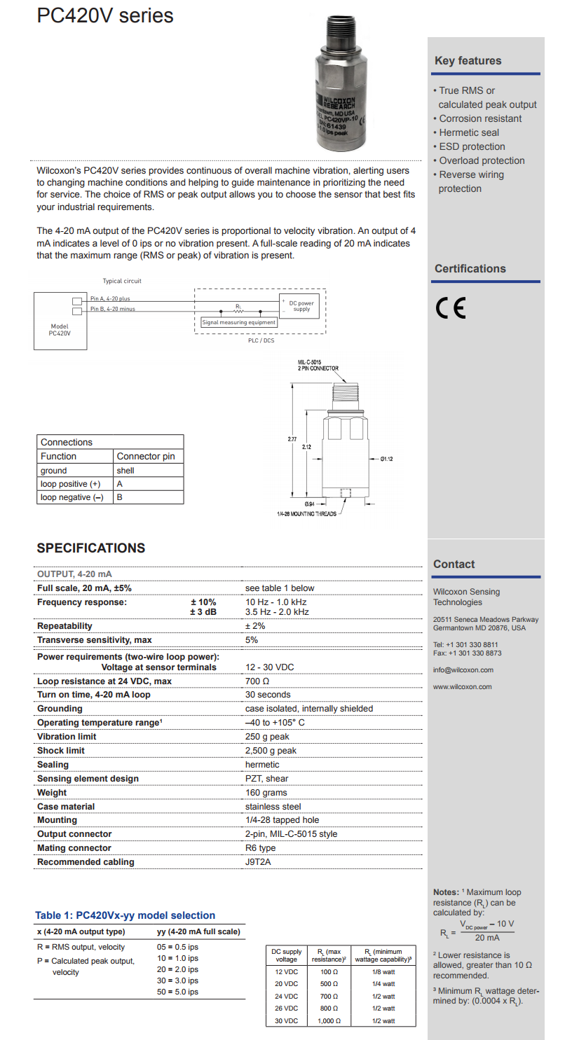威爾康森4-20mA回路供電振動傳感器PC420VP-50型技術參數