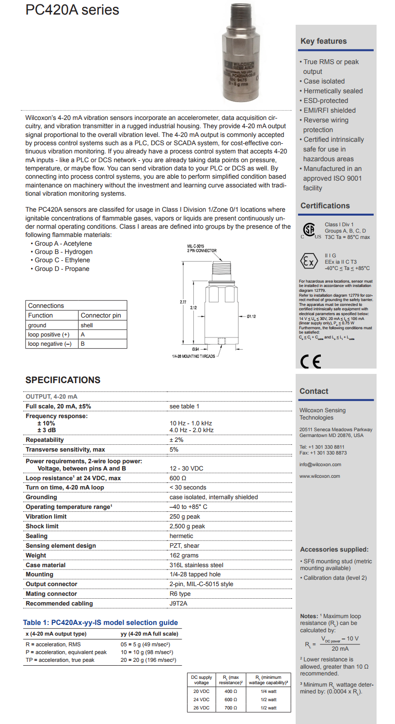 威爾康森回路供電振動傳感器PC420AR-05-IS型技術參數