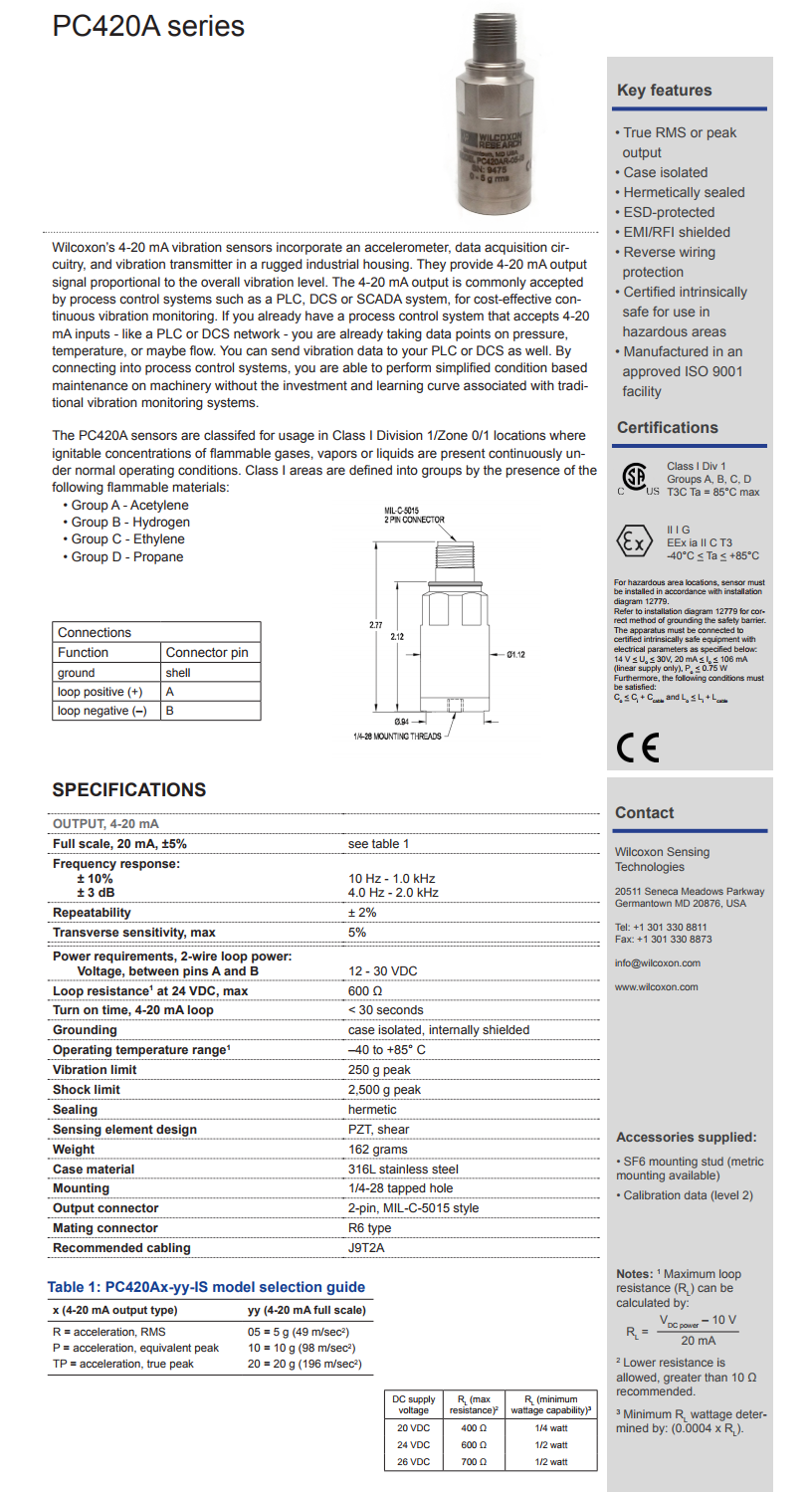 威爾康森回路供電振動傳感器PC420AR-20-IS型技術(shù)參數(shù)